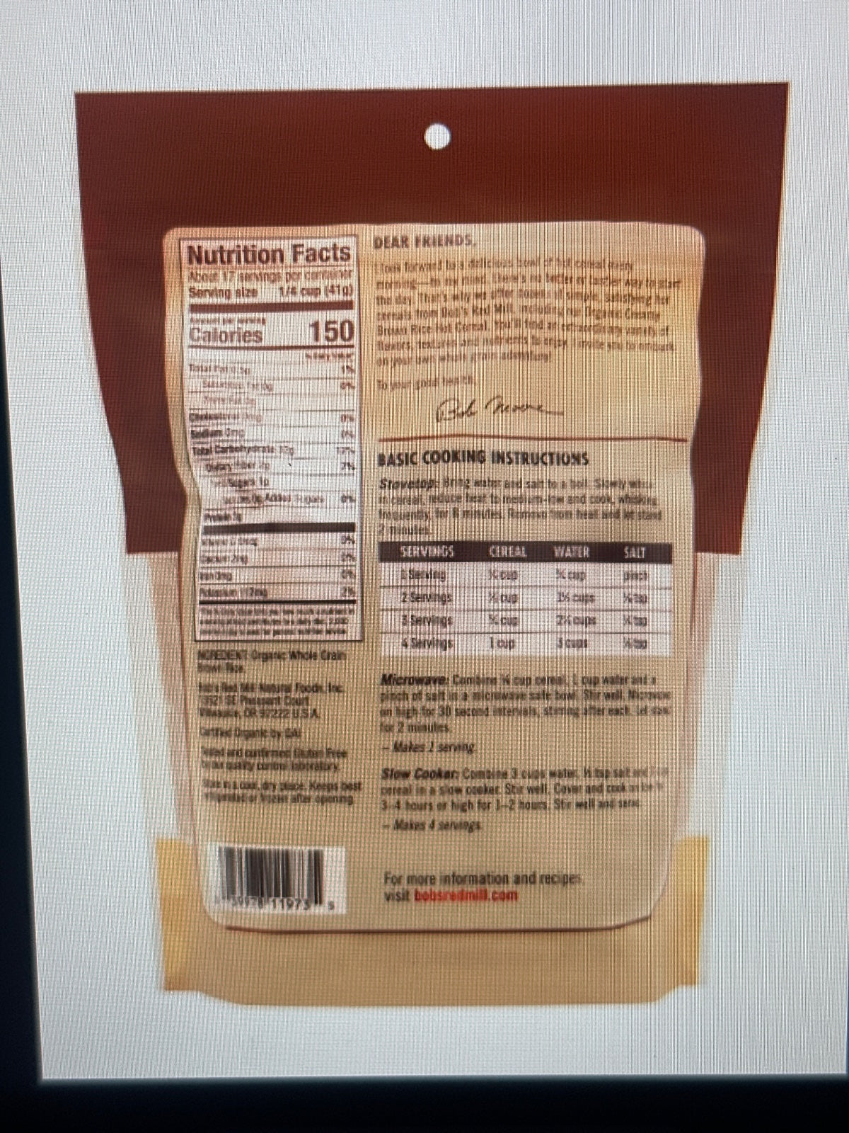 Organic Creamy Brown Rice Hot Cereal NET WT 24 OZ (1 LB 8 OZ) 680g - Back