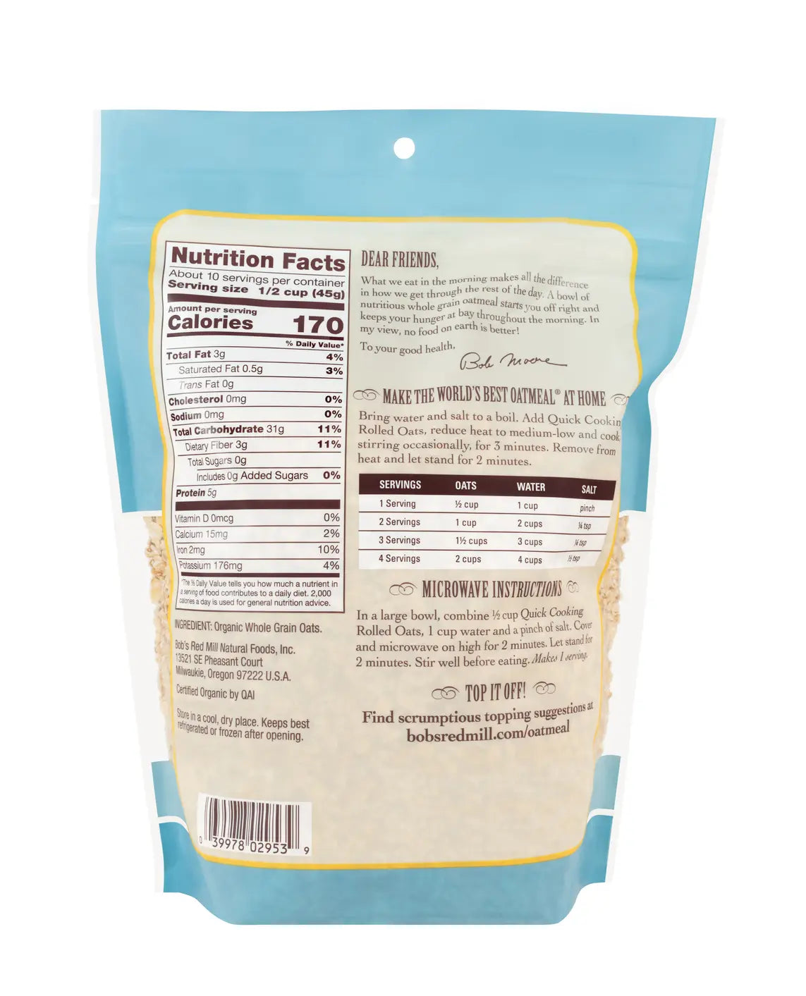 Organic Quick Cooking Rolled Oats Whole Grain 454G Bobs Red Mill