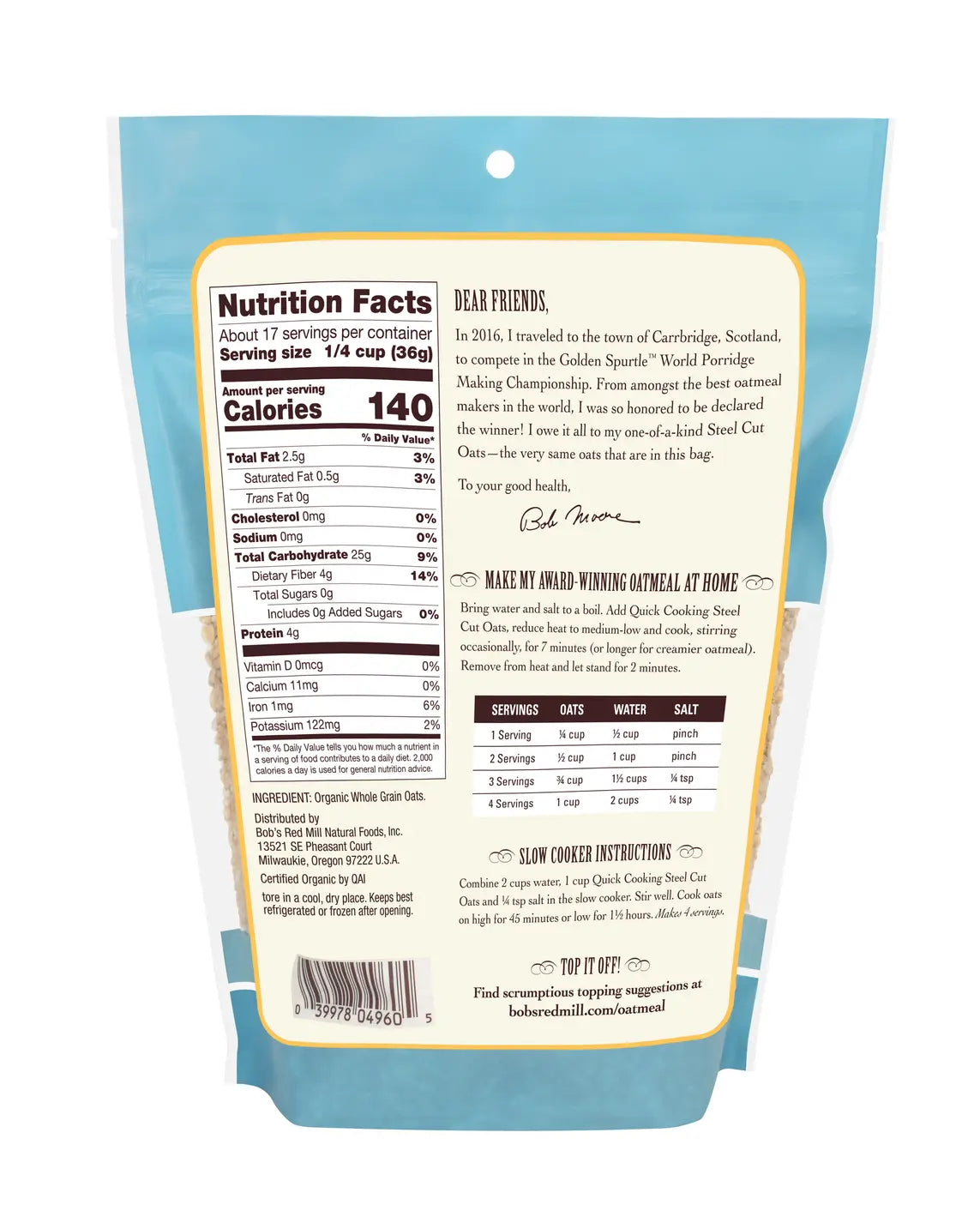 Quick Cooking Steel Cut Oats 624G Bobs Red Mill