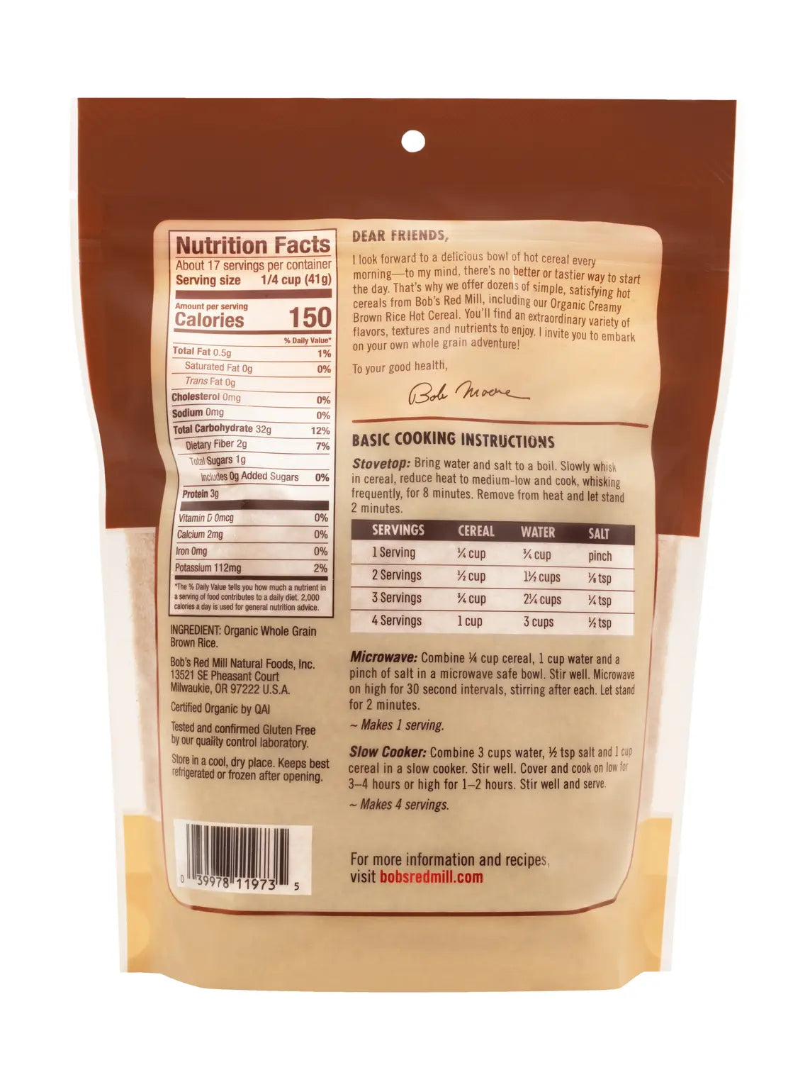 Organic Creamy Brown Rice Hot Cereal Glutenfree 680G Bobs Red Mill