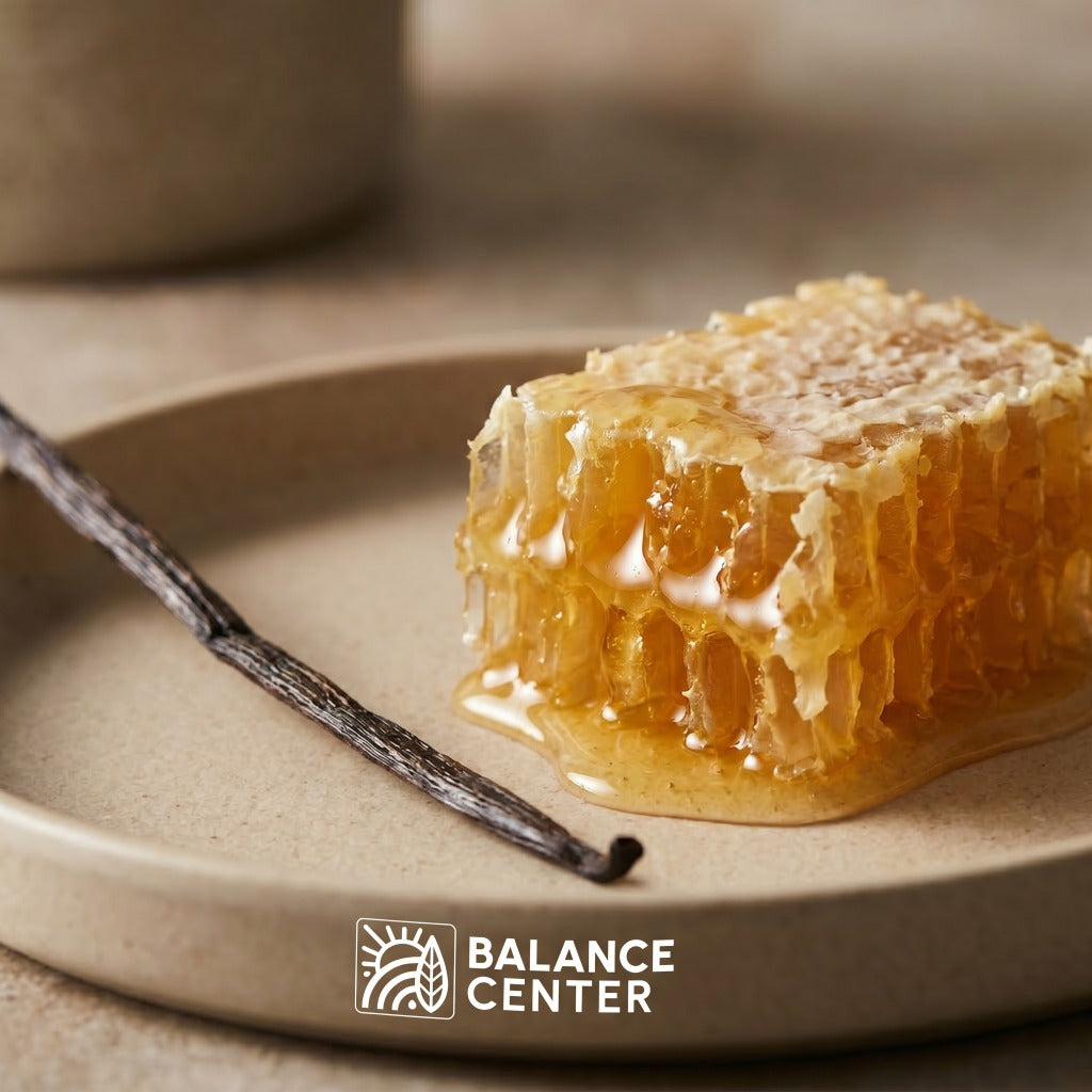 Honeycomb and vanilla bean on plate