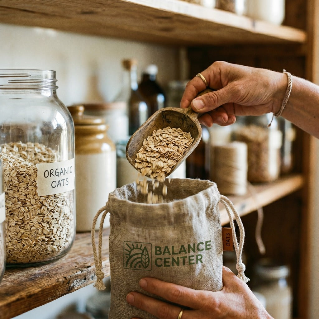 Hands scooping organic oats into a linen pouch